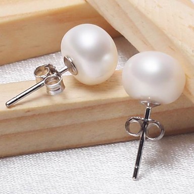Титан Серебро Белый Пресноводный Культурный кнопки Pearl Stud Earrings С с подарочной коробке (8-9мм)