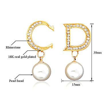 Прохладный Письма CD Асимметрия Серьги 18K позолоченный SWA Rhinestone White Pearl