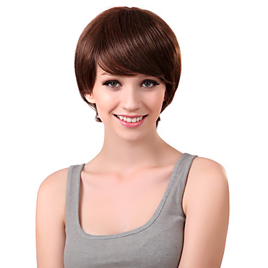 Монолитным коротких синтетических Браун Пушистый прямой парик волос сторону взрыва