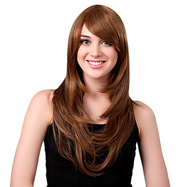 Монолитным долго высококачественных синтетических Темно-русый волнистые волосы парики сторону взрыва