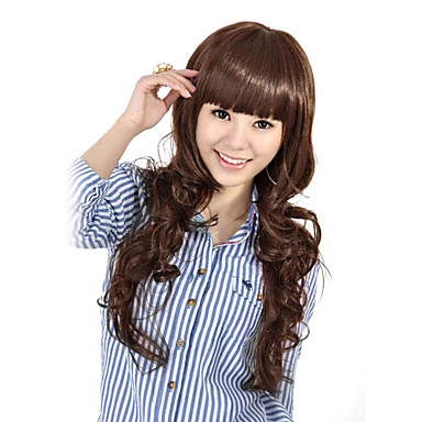 Монолитным высококачественных синтетических темно-коричневый длинными волнистыми волосами Парики