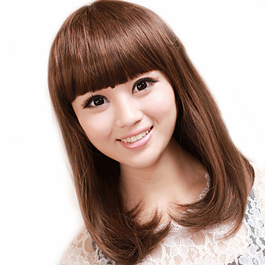 Высококачественных синтетических полной челкой Средний длинными вьющимися парик волос (Темно-русый)