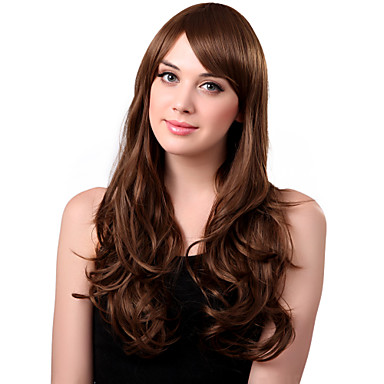 Монолитным долго синтетического Fsn Качества Браун завитые парик сторону взрыва