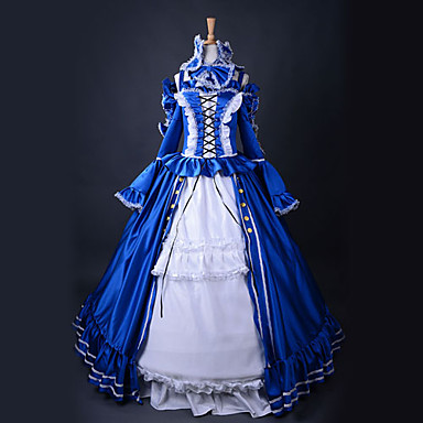 Hevalier длинным рукавом длиной до пола, синий и белый сатин Аристократ Лолита платье