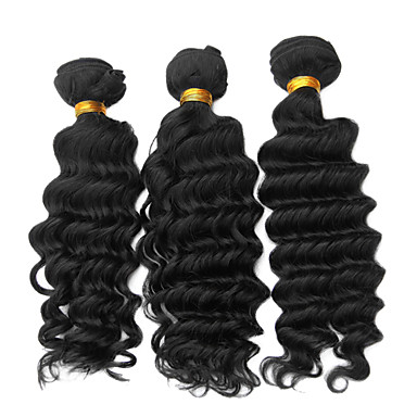 3шт 12 дюймов Natural Black Глубокая волна монгольского Weave волос девственницы Связки