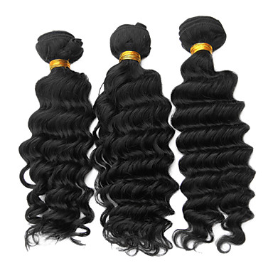 3шт 16 дюймов Natural Black Глубокая волна монгольского Weave волос девственницы Связки