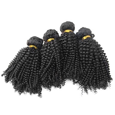 4шт 16 дюймов Natural Black Kinky Вьющиеся перуанские Weave волос девственницы Связки