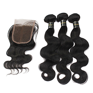 Реми 5А Малайзии Богородицы объемная волна утка человеческих волос Расширения 16 "+16" +16 "+ шнурок Закрытие 14"